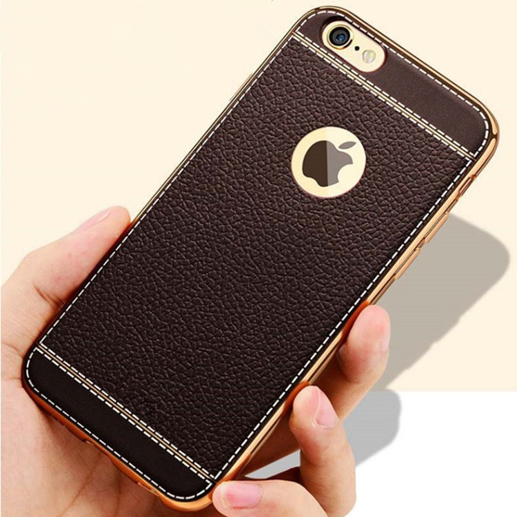 手機殼iPhone6plus電鍍TPU邊皮紋手機殼蘋果6S全包防摔保護套批發工廠,批發,進口,代購