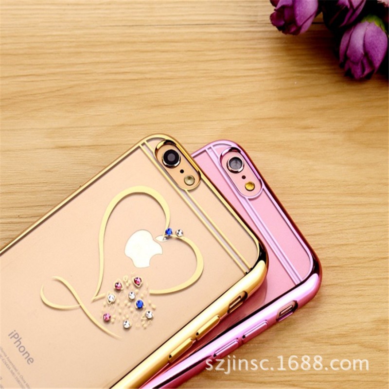 新款蘋果6s手機殼女電鍍TPU愛心鑲水鉆iphone6plus保護套5.5海豚工廠,批發,進口,代購