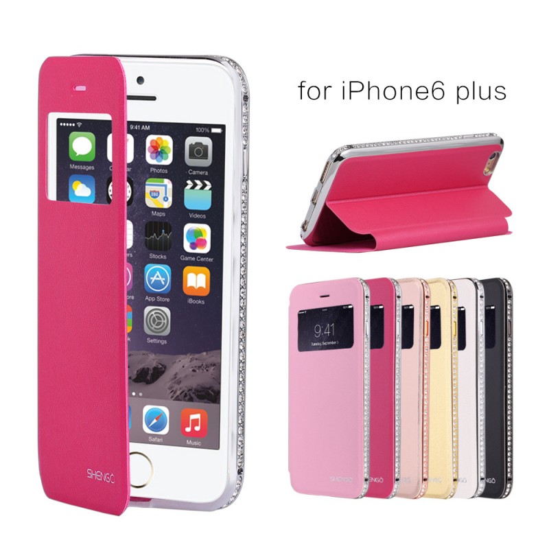 適用於iphone6 plus手機殼金屬鑲鉆邊框皮套蘋果6S智能休眠保護套工廠,批發,進口,代購