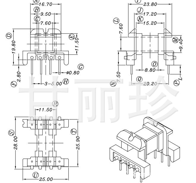 EF25 骨架臥式單槽4+4針YT-2504-1尺寸圖工廠,批發,進口,代購