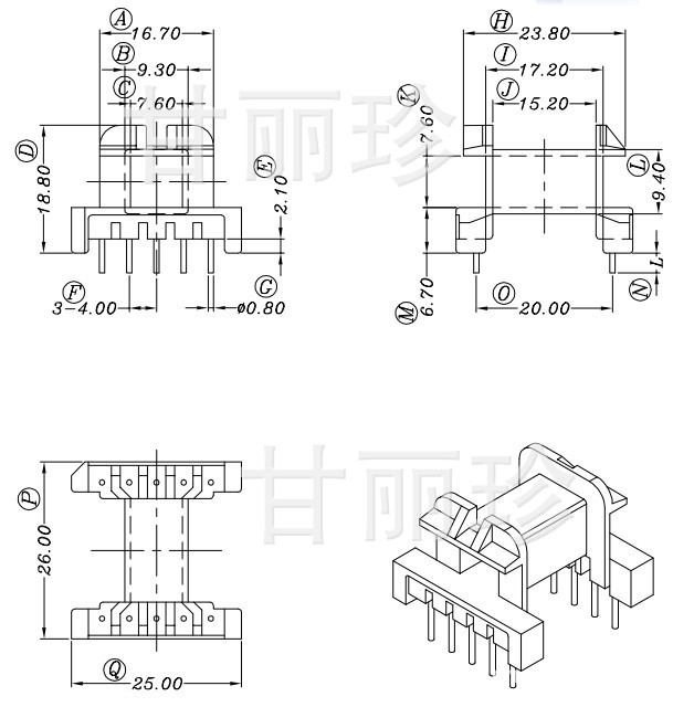 EF25 骨架臥式單槽5+5針YT-2505-3尺寸圖工廠,批發,進口,代購