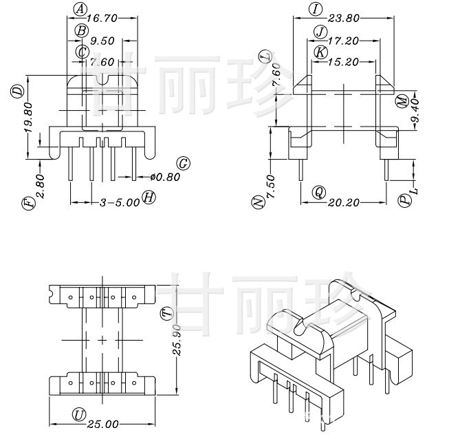 EF25 骨架臥式單槽4+4針YT-2504-2尺寸圖工廠,批發,進口,代購