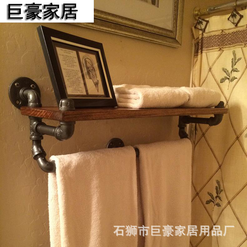 美式復古鐵藝水管毛巾架 墻上實木擱板置物架 酒店浴室專用貨架工廠,批發,進口,代購