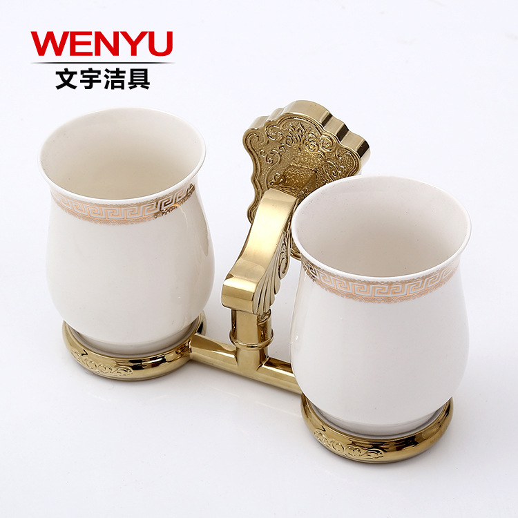 豪華歐式陶瓷浴室雙口杯 土豪金花瓷牙刷牙膏杯架 高檔雙杯工廠,批發,進口,代購
