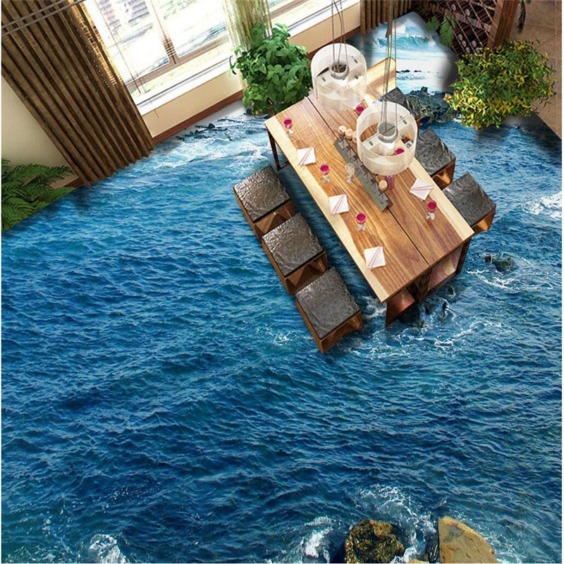 墻紙地畫裝飾臥室客廳自黏地貼地板畫深藍巖礁湖麵現代3D地板壁紙工廠,批發,進口,代購