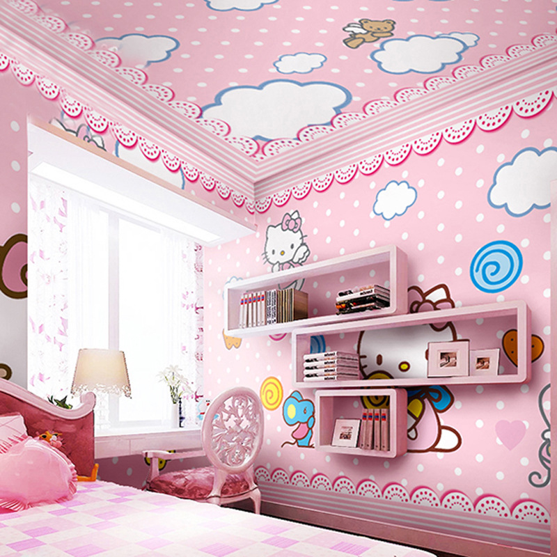 兒童房墻紙女孩臥室床頭背景墻壁紙hellokitty貓卡通公主大型壁畫批發・進口・工廠・代買・代購