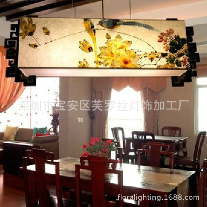 中式手繪吊燈國畫羊皮紙長方形木藝茶樓酒店客廳過道燈具工程定製工廠,批發,進口,代購