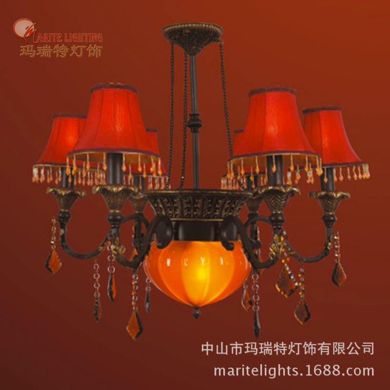 批發復古鐵藝吊燈 配紅佈藝罩漫咖啡廳慢搖吧古典燈具6頭大廳吊燈工廠,批發,進口,代購