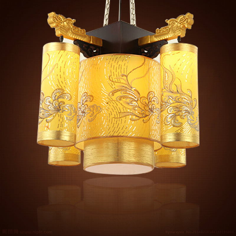 中式仿古實木吊燈龍鳳剌繡羊皮燈具酒店茶樓會所展廳燈飾批發・進口・工廠・代買・代購