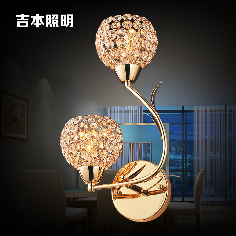 廠傢批發簡約現代金色雙頭水晶壁燈創意LED床頭壁燈臥室壁燈過道工廠,批發,進口,代購