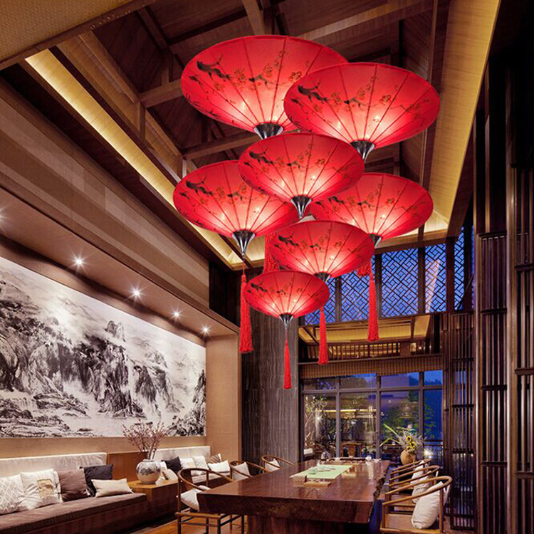 新中式佈藝手繪雨傘吊燈 客廳裝修茶樓酒店餐廳 創意裝飾led傘燈工廠,批發,進口,代購