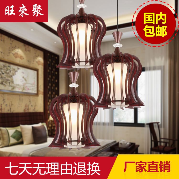 新款收腰型LED復古庭院風客廳新中式木藝仿古走廊三頭吊燈批發批發・進口・工廠・代買・代購