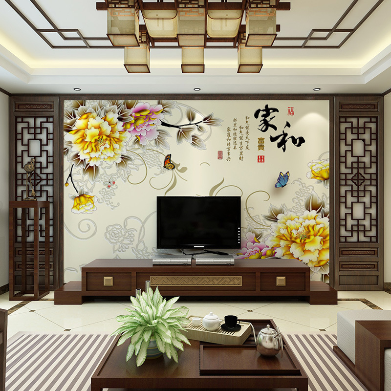 中式花卉牡丹花墻紙壁畫 客廳臥室電視背景墻佈手繪傢和富貴壁紙批發・進口・工廠・代買・代購