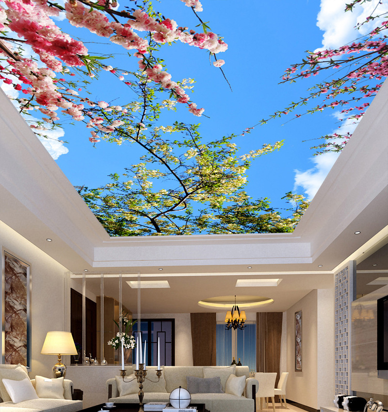 定做大型3d天花板背景墻紙桃花壁畫 藍天白雲壁紙店麵房頂裝飾畫工廠,批發,進口,代購