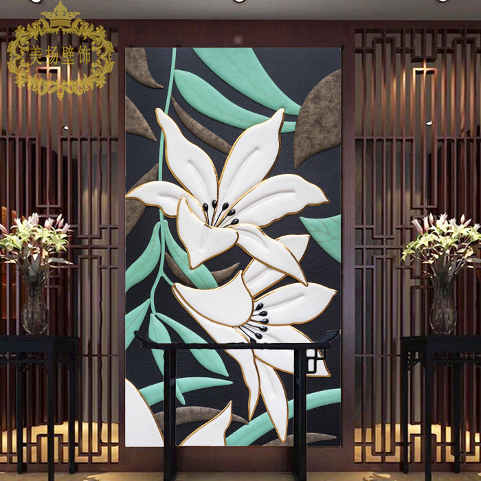 唯美百合PU皮玄關裝飾畫現代走廊過道掛畫豎版單幅客廳餐廳墻畫工廠,批發,進口,代購