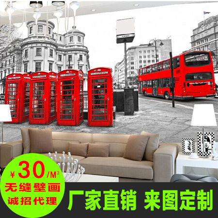 雲采紅色倫敦巴士 城市風景大型壁畫墻紙 英倫客廳臥室電視墻壁紙批發・進口・工廠・代買・代購
