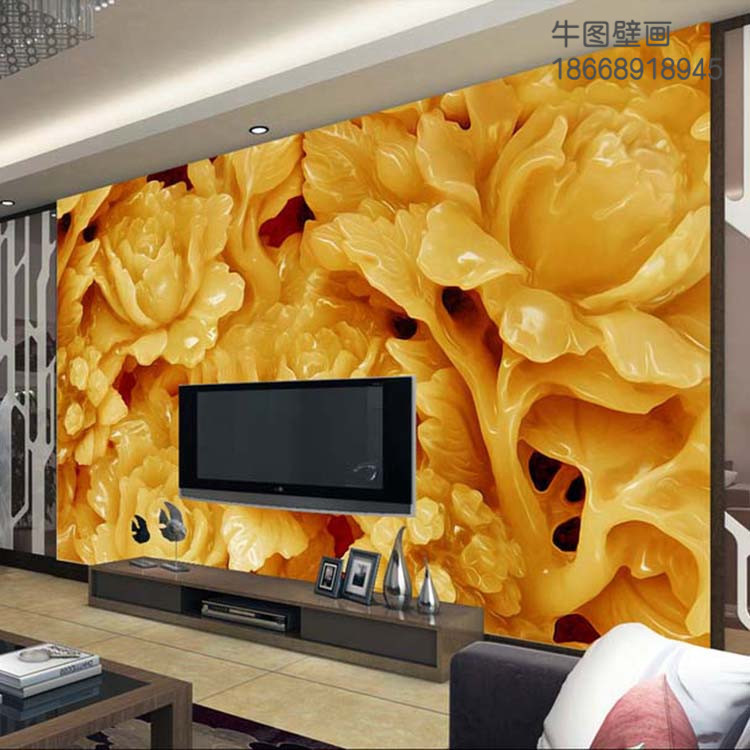 玉雕背景墻壁畫 玉雕牡丹壁紙 3D創意壁紙 無縫拼接壁紙批發・進口・工廠・代買・代購