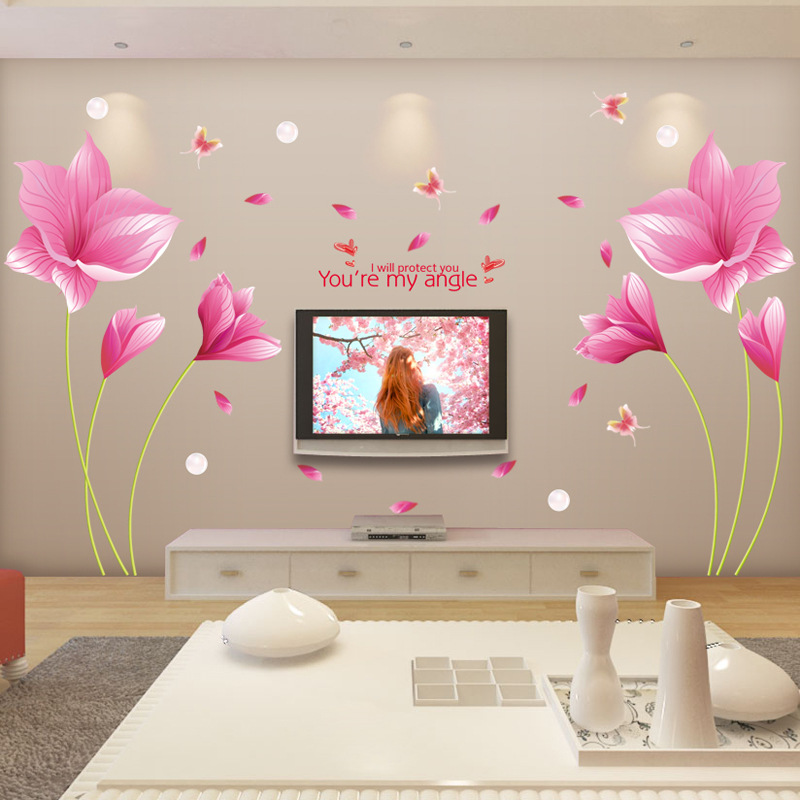超大號粉紅蘭玫瑰花客廳沙發背景墻貼 臥室貼紙裝飾墻壁 可移除批發・進口・工廠・代買・代購