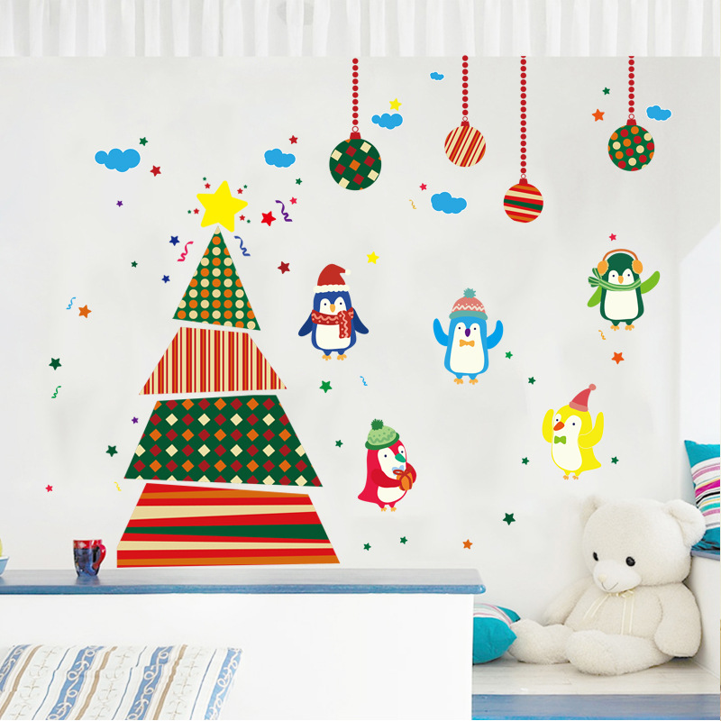 XL825聖誕企鵝喜慶墻貼客廳臥室電視床頭背景裝飾貼畫自黏可移除工廠,批發,進口,代購