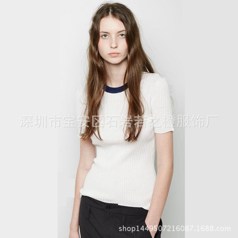 AW大王純白色條紋短袖TEE恤修身顯瘦超柔軟彈力針織衫上衣女夏裝工廠,批發,進口,代購