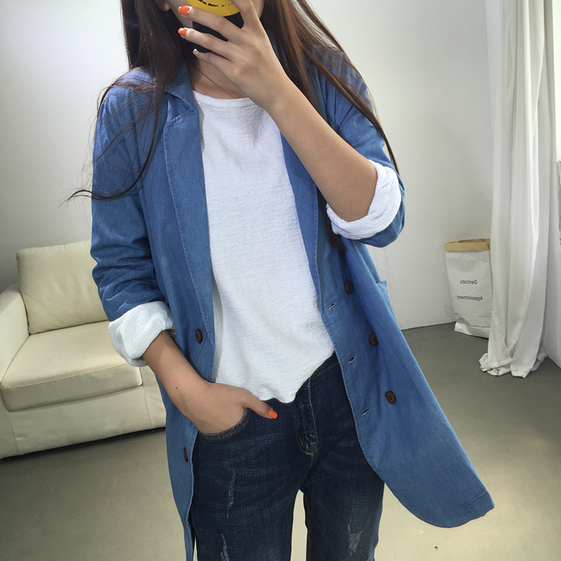 韓國原單THIS秋新款寬松大碼翻領七分袖中長款休閒牛仔西服外套女工廠,批發,進口,代購