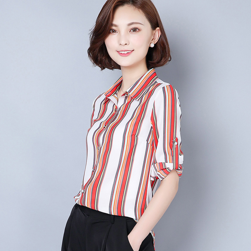 2016秋季新品韓版條紋長袖女式修身襯衫百搭娃娃領職業女裝雪紡衫工廠,批發,進口,代購