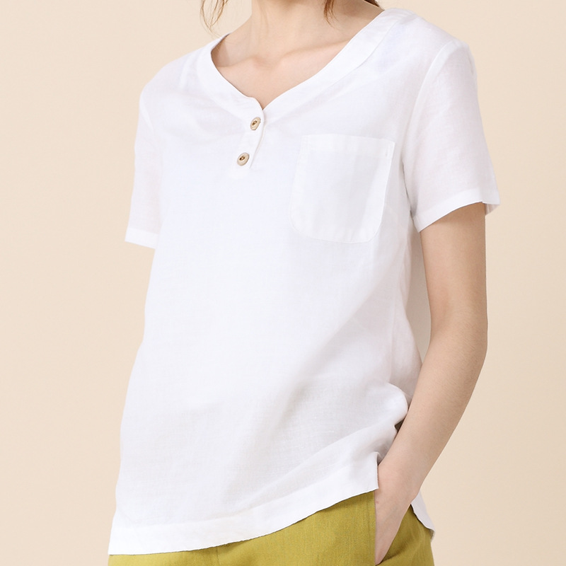 2015夏新品文藝范簡潔棉麻女裝扣子弧線設計森女系短袖T恤工廠,批發,進口,代購
