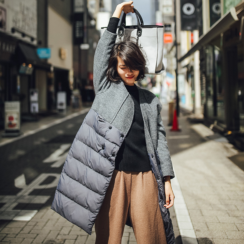 2016新款女士冬季棉衣兩色拼接微厚棉衣休閒加長款棉服外套工廠,批發,進口,代購