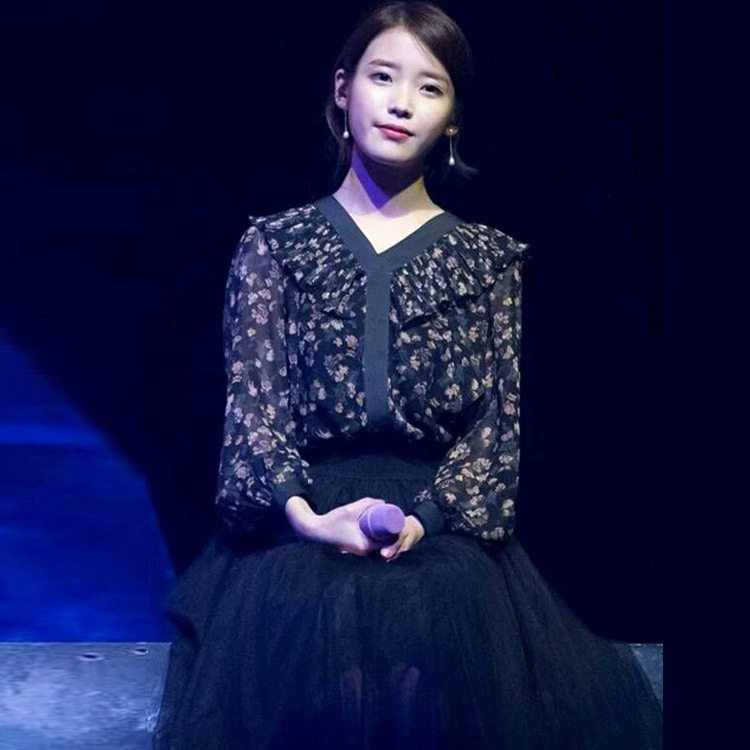 現貨~IU李智恩同款超美長袖雪紡碎花V領甜美清新襯衫女工廠,批發,進口,代購