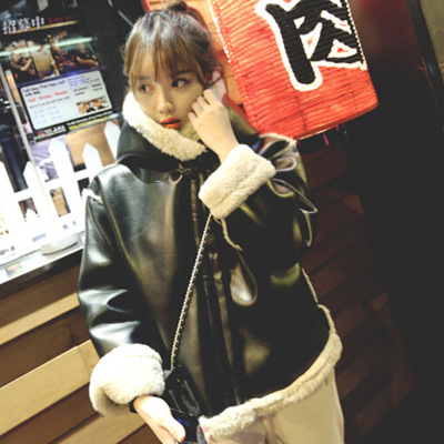 韓國代購羊羔毛外套女學生短款冬季連帽加絨加厚皮毛一體棉衣大衣工廠,批發,進口,代購