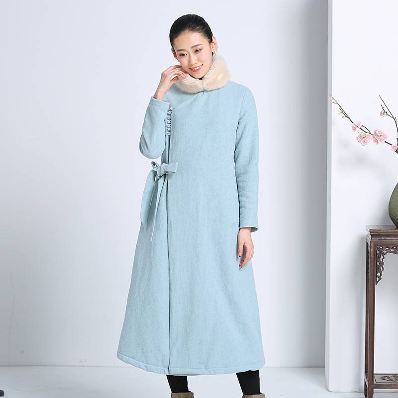 素女館 中式棉麻長款毛領加絨上衣長袍 復古女裝秋冬茶服外套大衣批發・進口・工廠・代買・代購