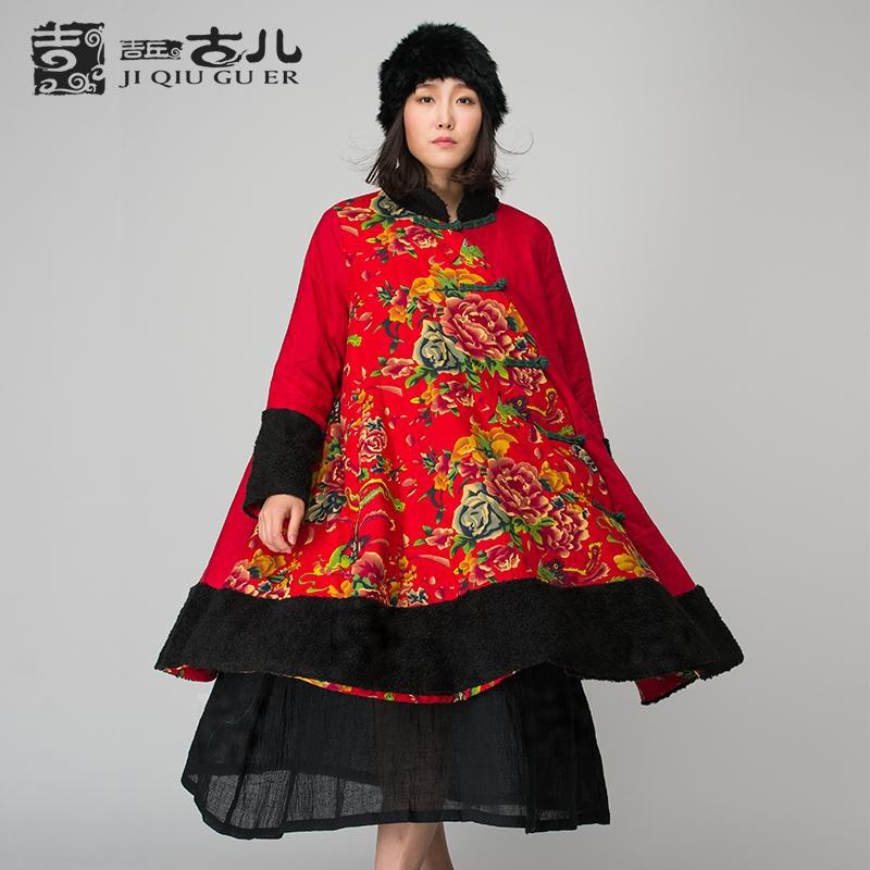 吉丘古兒民族風大碼女裝棉麻寬松立領棉襖盤扣印花中長款棉服批發・進口・工廠・代買・代購