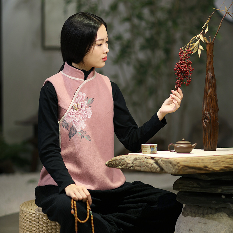東方九如原創設計秋冬保暖羊毛馬甲上衣 經典手繪百搭中式上衣批發・進口・工廠・代買・代購