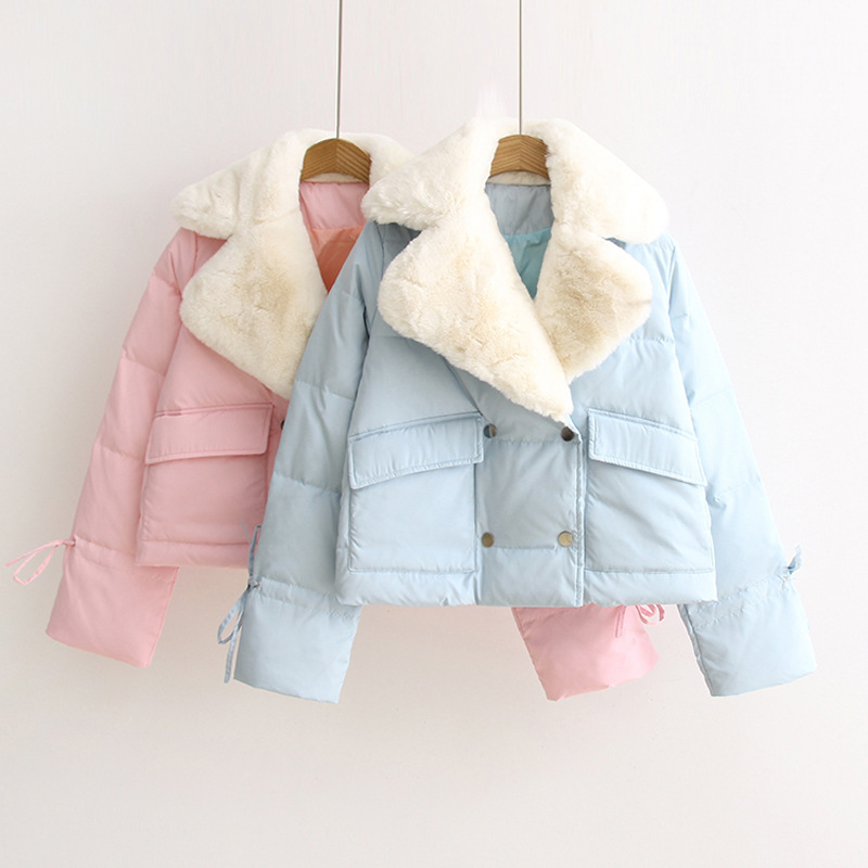 OK/QRT 日式可愛女裝新品 2016冬季大翻領粉色羊羔絨羽絨棉衣工廠,批發,進口,代購
