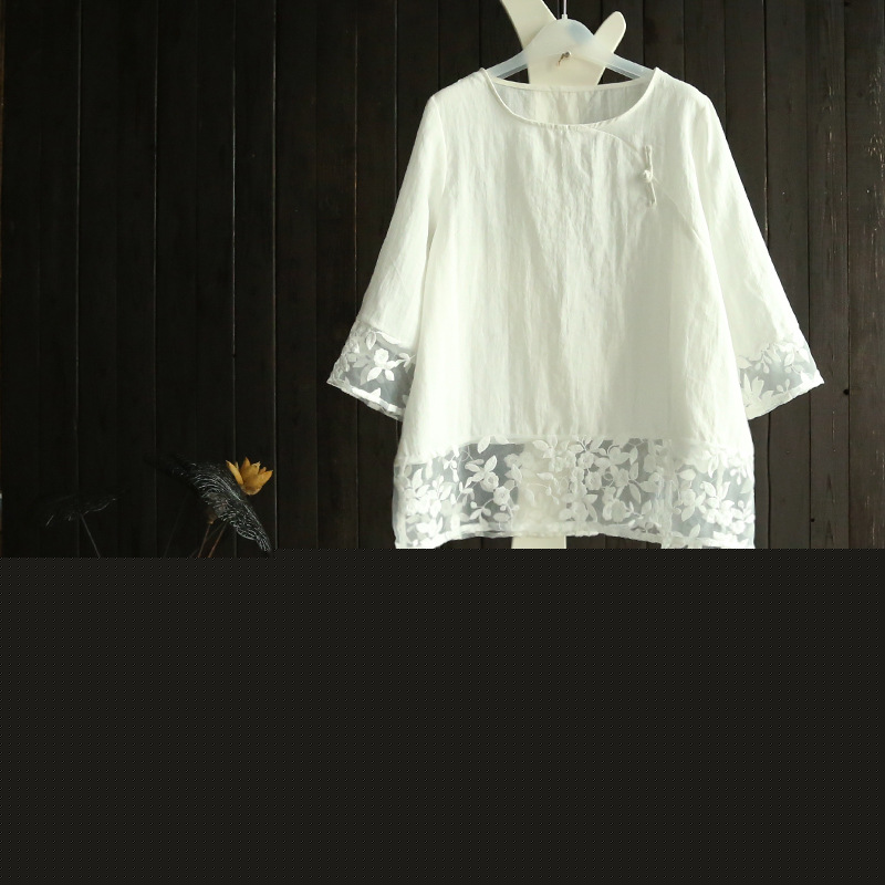 輕文藝棉麻t恤春夏天寬松短款女裝白色七分袖刺繡蕾絲7分袖上衣批發・進口・工廠・代買・代購