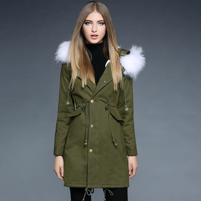 2016冬季新款歐美軍綠色加厚保暖羊羔毛狐貍毛領外套女式風衣工廠,批發,進口,代購