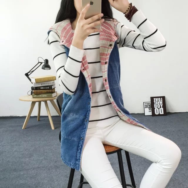 2015冬季新款森女系寬松小清新連帽女式牛仔加棉馬甲批發一件代發工廠,批發,進口,代購