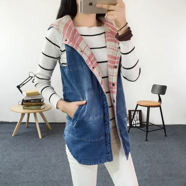 S8175 秋季新款休閒加絨牛仔棉女裝連帽加厚牛仔風無袖馬甲工廠,批發,進口,代購