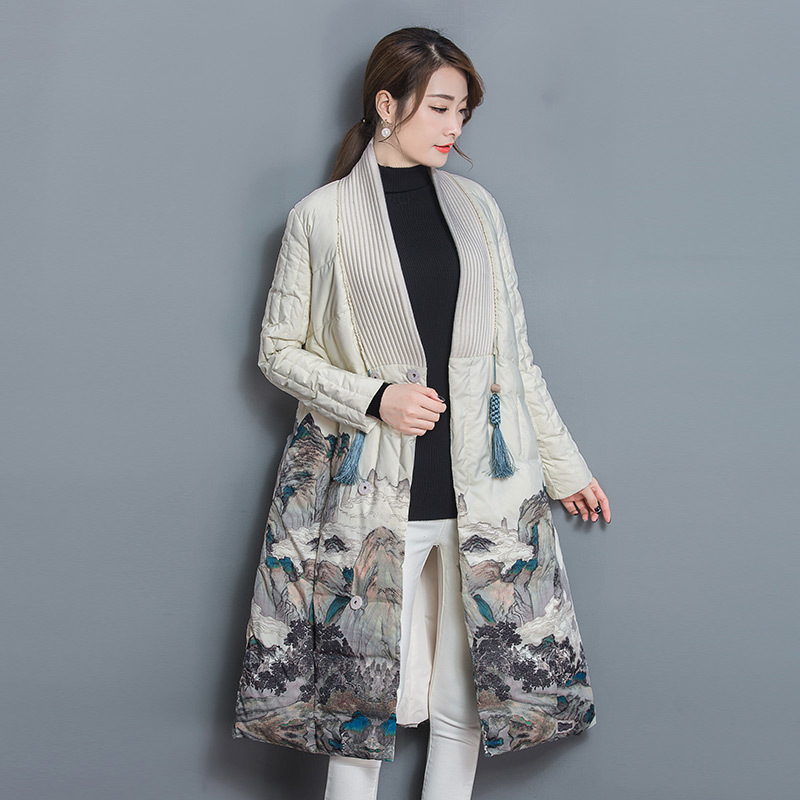 實拍中國風印花羽絨衣女士冬裝新款修身加厚中長款過膝外套工廠,批發,進口,代購