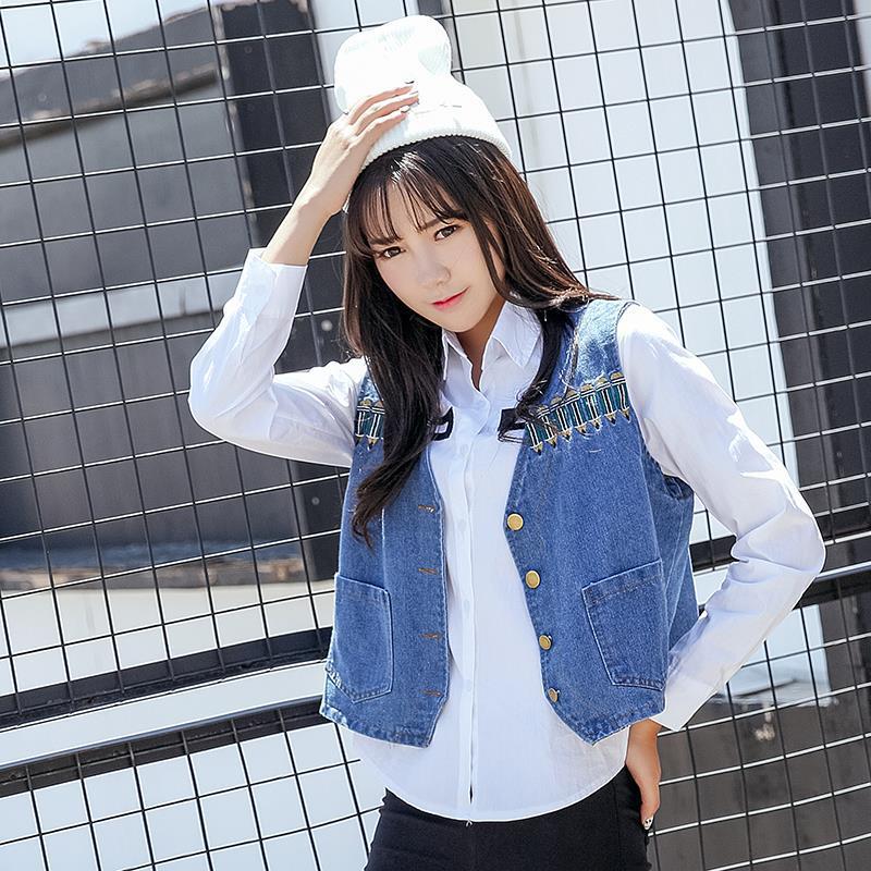 現貨韓國東大門時尚V領刺繡圖案口袋顯瘦牛仔背心馬甲馬夾女裝秋批發・進口・工廠・代買・代購