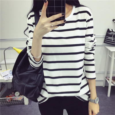 韓版大碼寬松黑白條紋打底衫上衣學生長袖T恤女小衫潮工廠,批發,進口,代購