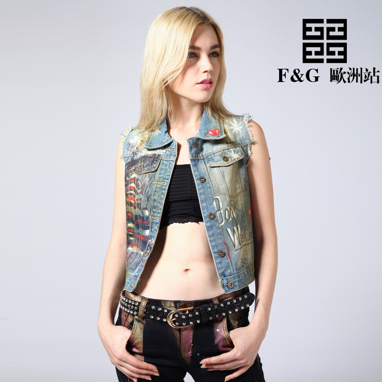 FG歐洲站秋冬新款牛仔馬甲女 歐美個性破洞彩繪修身女裝上衣批發・進口・工廠・代買・代購
