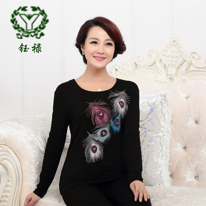 鈺祿中老年女裝秋裝長袖T恤女式上衣印花貼鉆打底衫批發廠傢389#工廠,批發,進口,代購