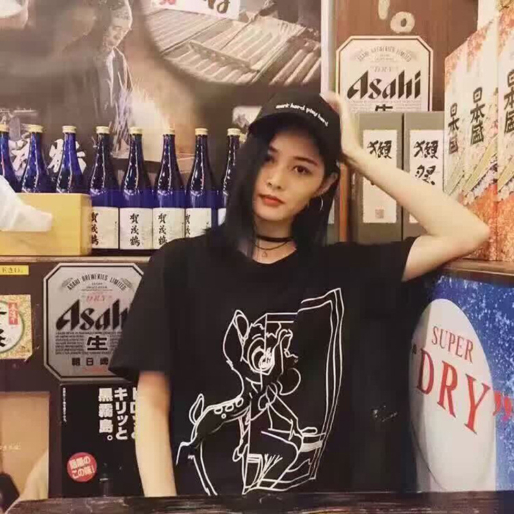 16歐美夏裝潮牌新款手繪線條小鹿女神 男女情侶裝寬松純棉短袖T恤工廠,批發,進口,代購
