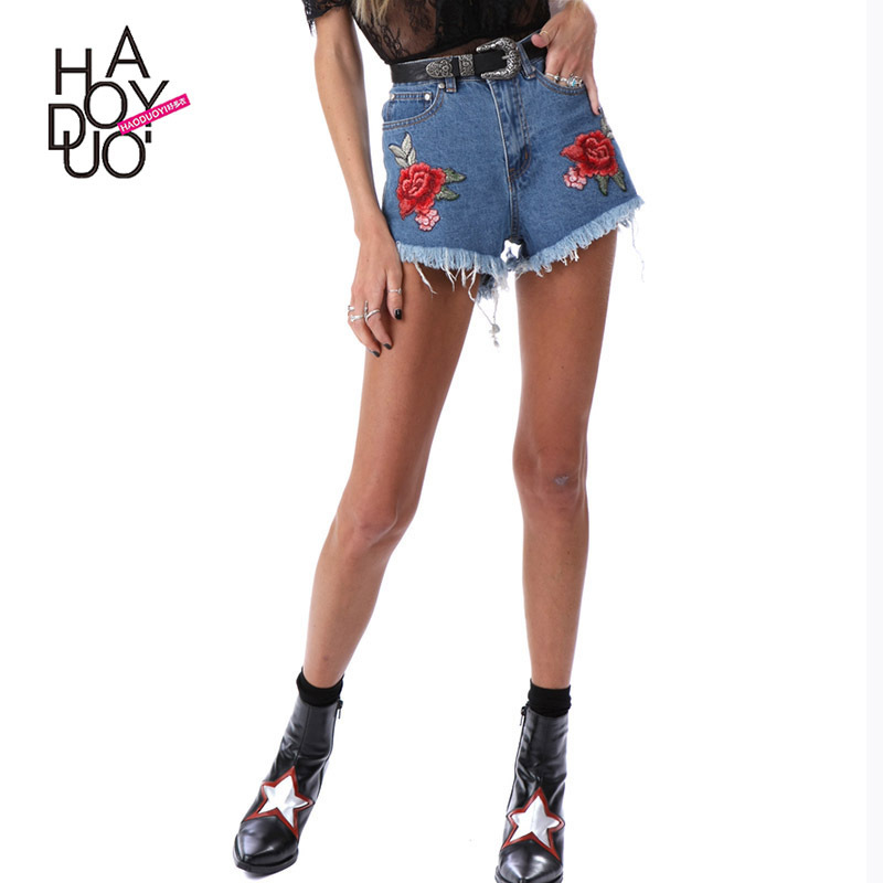 Haoduoyi 2017春裝新款 歐美時尚百搭毛邊花卉刺繡牛仔褲 好多衣工廠,批發,進口,代購