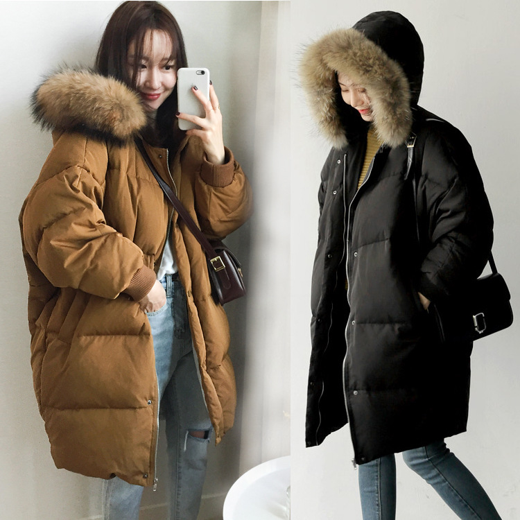 韓版冬季新款焦糖色加厚毛領羽絨衣女中長款蝙蝠袖繭型寬松外套潮工廠,批發,進口,代購