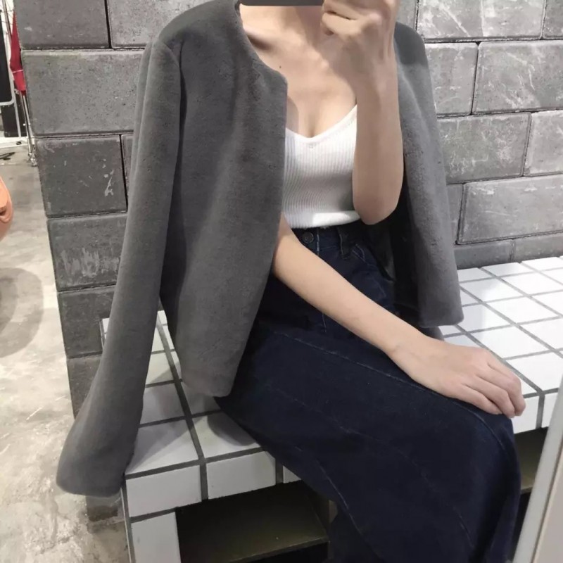 秋冬新款復古純色短款皮草外套女保暖氣質毛茸茸顯瘦開衫上衣批發・進口・工廠・代買・代購