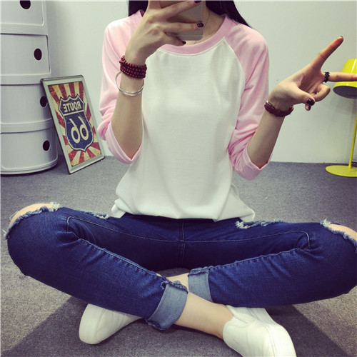 2016春秋冬韓版純色拼接大碼休閒女士純棉長袖打底衫T恤學院風潮批發・進口・工廠・代買・代購