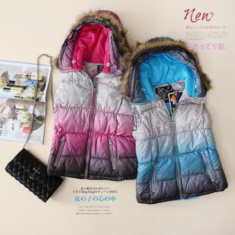 外貿原單棉馬甲女秋冬加厚修身連帽漸變色運動休閒滑雪背心批發・進口・工廠・代買・代購