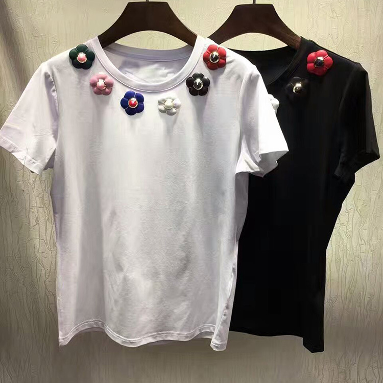 歐美女裝2017早春新款領口拼色鉚釘花朵短袖上衣休閒百搭純棉T恤批發・進口・工廠・代買・代購